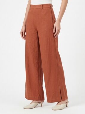 Indikah Women Linen Blend Wide Leg Pants Rust High Waist Size S